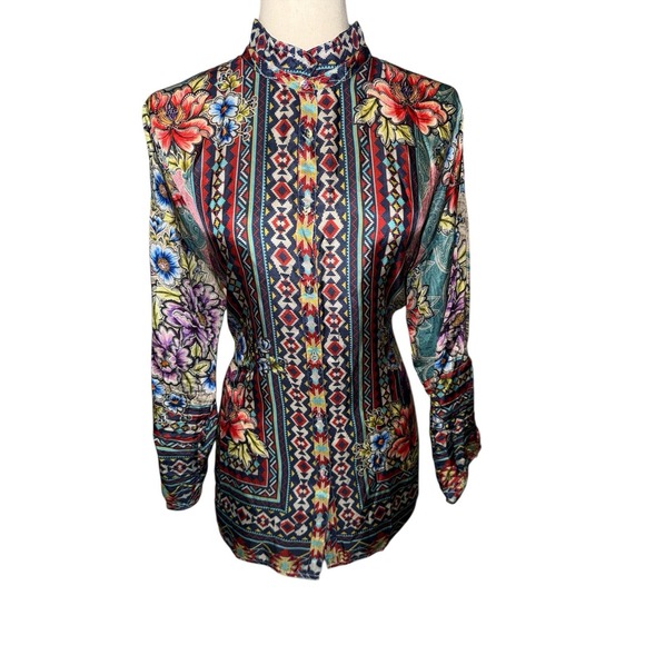 Johnny Was Ledona Janelle Blouse Button-Up Silk Sz Small Artsy Floral Resort - Picture 3 of 15
